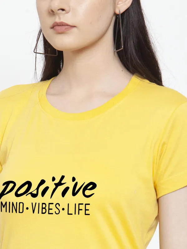 Yellow_Cotton_Positive_Vibes_Print_Round_Neck_T-Shirt_For_Women