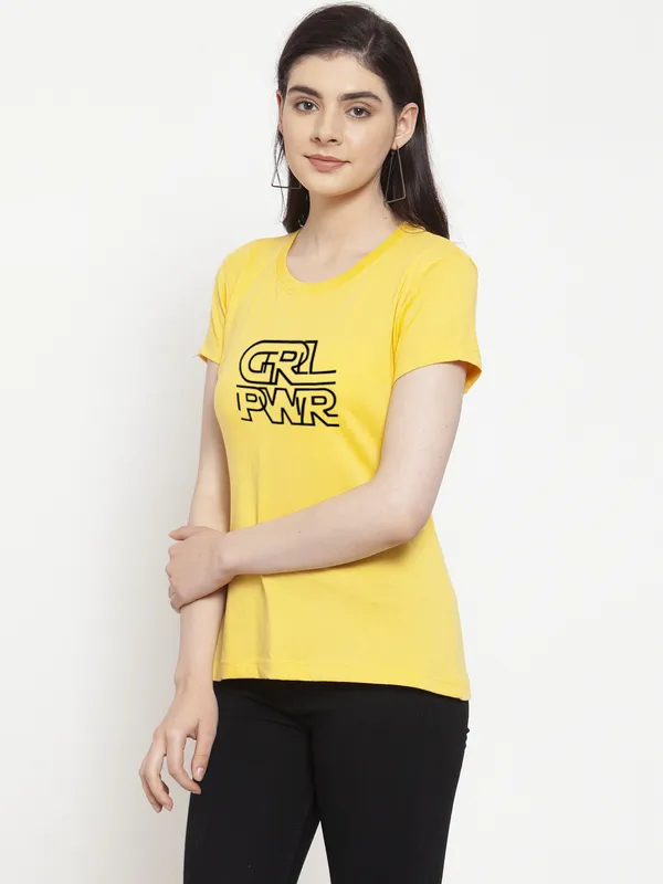 Yellow_Cotton_Girl_Power_Print_Round_Neck_T-Shirt_For_Women