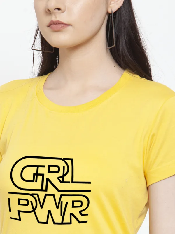 Yellow_Cotton_Girl_Power_Print_Round_Neck_T-Shirt_For_Women