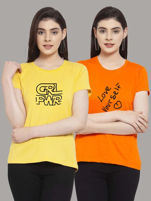 Pack_of_2_Yellow_&_Orange_Cotton_Round_Neck_Raglan_Sleeves_Printed_T-Shirt_For_Women