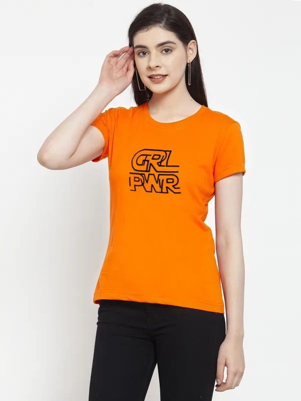 Orange_Cotton_Girl_Power_Print_Round_Neck_T-Shirt_For_Women