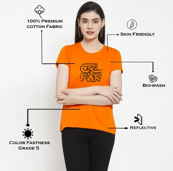 Orange_Cotton_Girl_Power_Print_Round_Neck_T-Shirt_For_Women