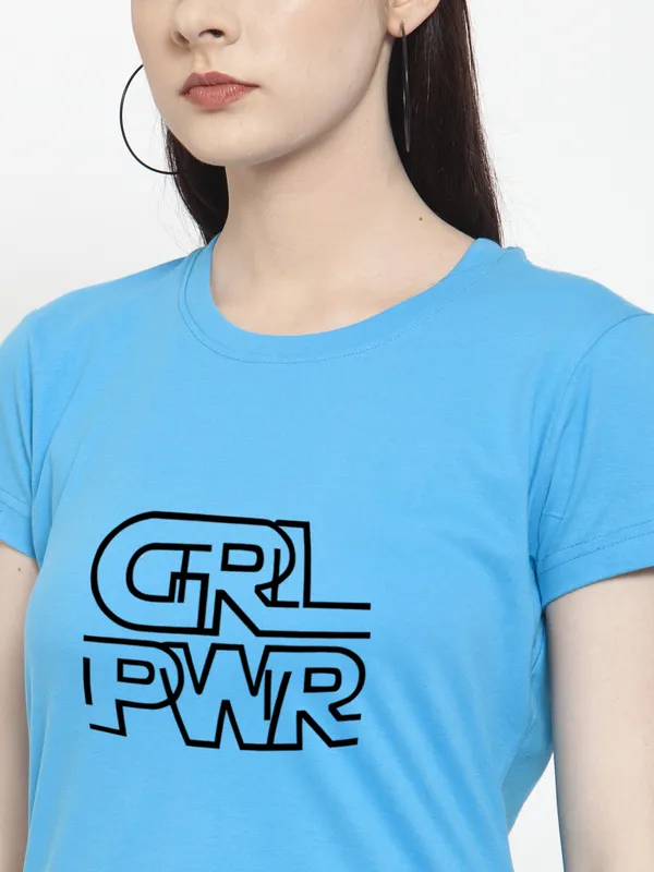 Turquoise_Blue_Cotton_Girl_Power_Print_Round_Neck_T-Shirt_For_Women