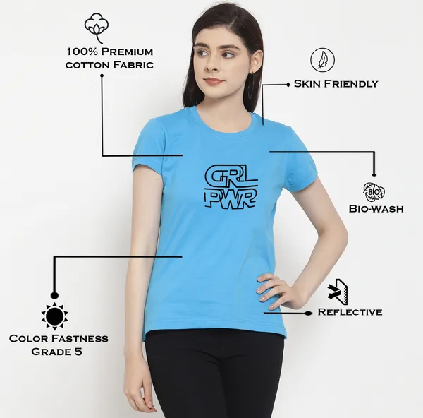 Turquoise_Blue_Cotton_Girl_Power_Print_Round_Neck_T-Shirt_For_Women