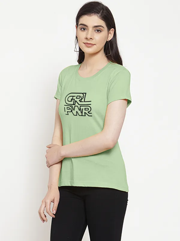 Sea_Green_Cotton_Girl_Power_Print_Round_Neck_T-Shirt_For_Women