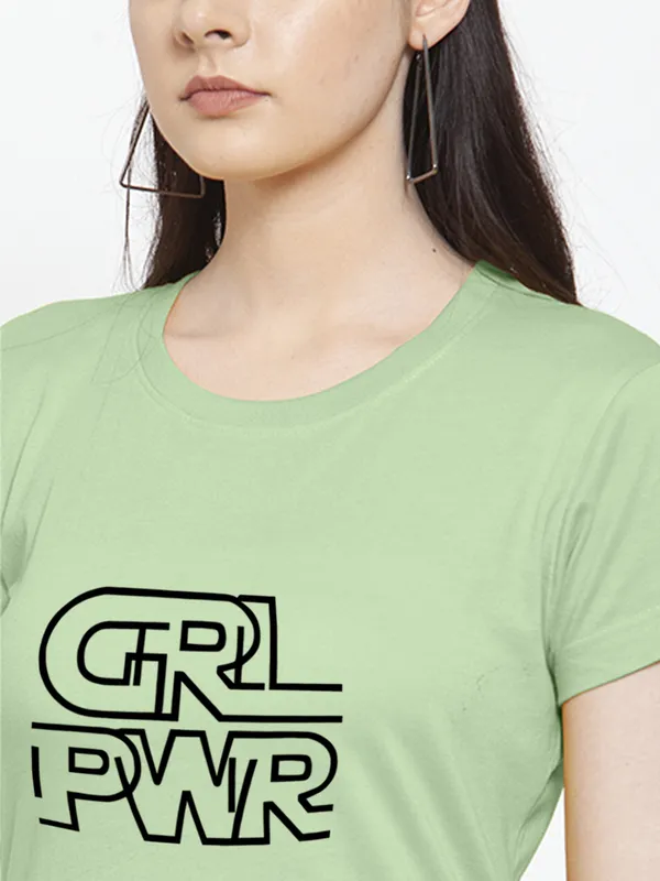 Sea_Green_Cotton_Girl_Power_Print_Round_Neck_T-Shirt_For_Women