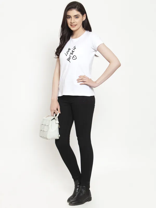 White_Cotton_Love_Yourself_Print_Round_Neck_T-Shirt_For_Women