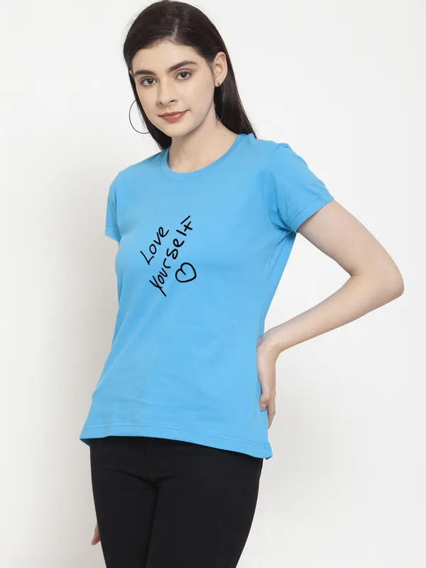 Turquoise_Blue_Cotton_Love_Yourself_Print_Round_Neck_T-Shirt_For_Women