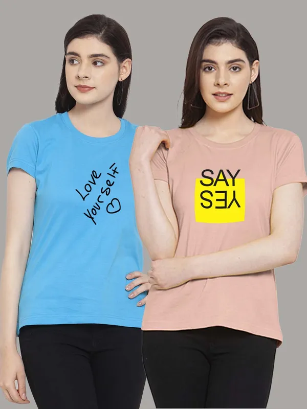 Pack_of_2_Turquoise_Blue_&_Coral_Cotton_Round_Neck_Raglan_Sleeves_Printed_T-Shirt_For_Women