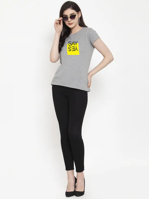 Grey_Cotton_Say_Yes_Print_Round_Neck_T-Shirt_For_Women