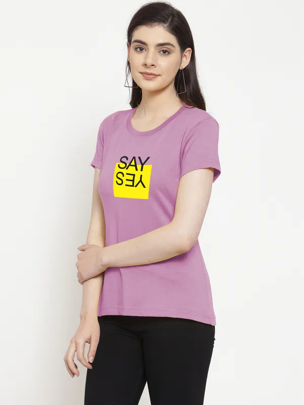 Purple_Cotton_Say_Yes_Print_Round_Neck_T-Shirt_For_Women