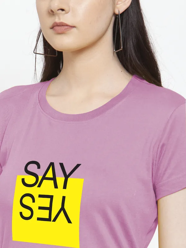 Purple_Cotton_Say_Yes_Print_Round_Neck_T-Shirt_For_Women