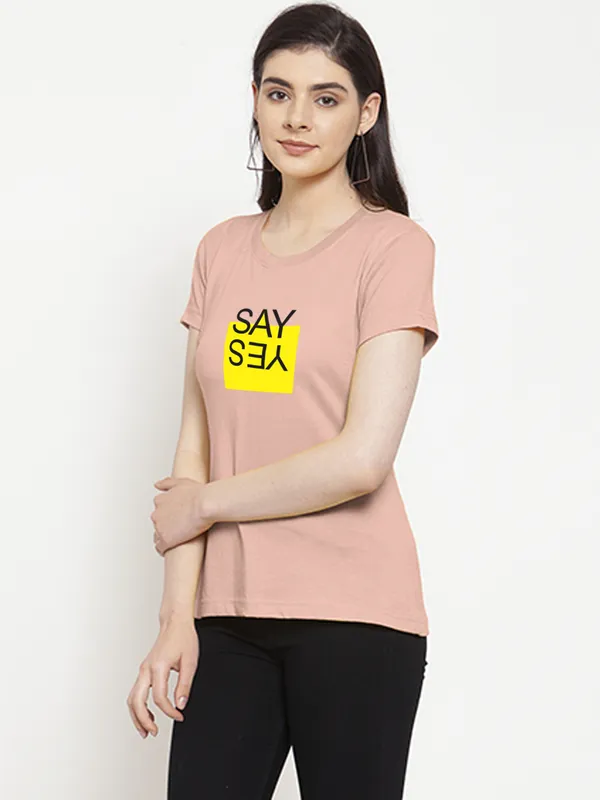 Coral_Cotton_Say_Yes_Print_Round_Neck_T-Shirt_For_Women
