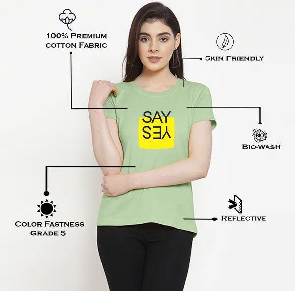 Sea_Green_Cotton_Say_Yes_Print_Round_Neck_T-Shirt_For_Women