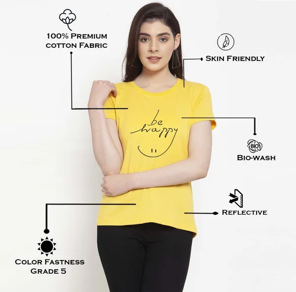 Yellow_Cotton_Be_Happy_Print_Round_Neck_T-Shirt_For_Women