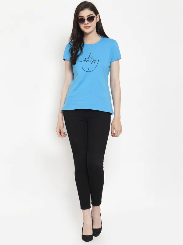 Turquoise_Blue_Cotton_Be_Happy_Print_Round_Neck_T-Shirt_For_Women