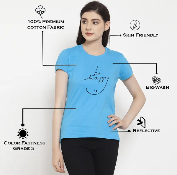 Turquoise_Blue_Cotton_Be_Happy_Print_Round_Neck_T-Shirt_For_Women