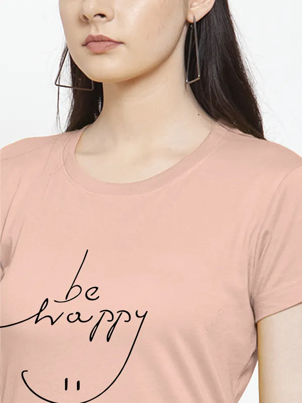 Coral_Cotton_Be_Happy_Print_Round_Neck_T-Shirt_For_Women