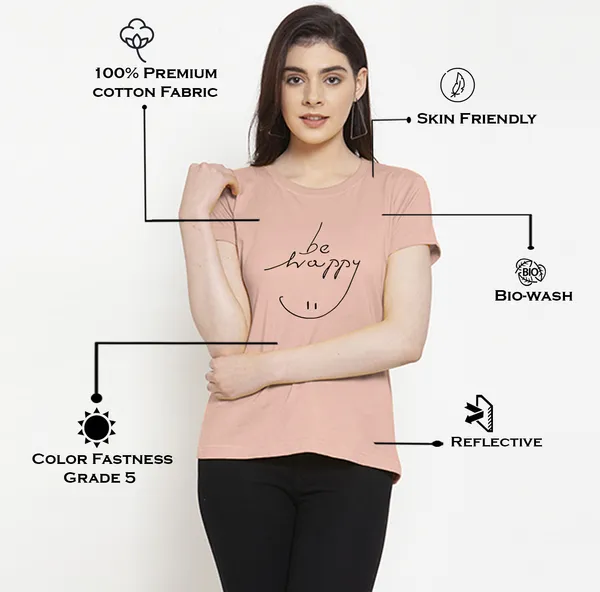 Coral_Cotton_Be_Happy_Print_Round_Neck_T-Shirt_For_Women