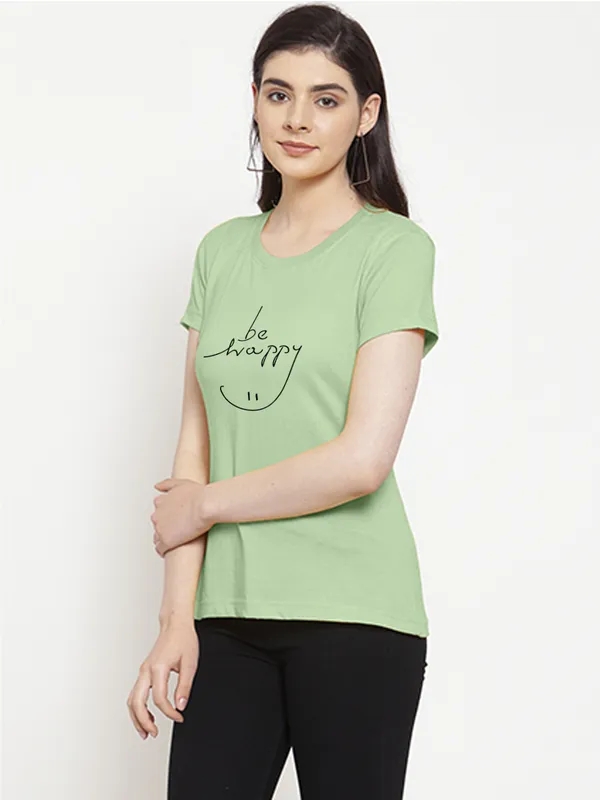 Sea_Green_Cotton_Be_Happy_Print_Round_Neck_T-Shirt_For_Women