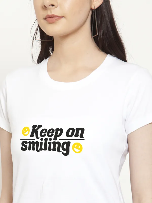White_Cotton_Keep_On_Smiling_Print_Round_Neck_T-Shirt_For_Women