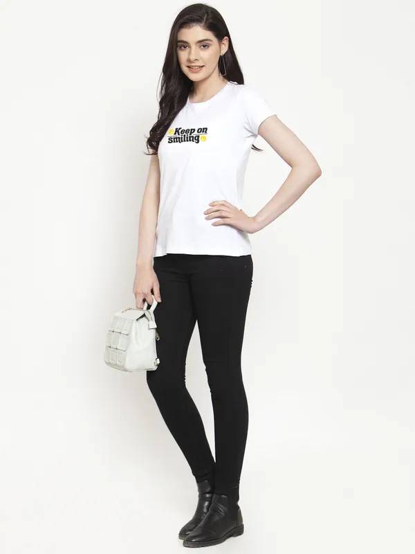 White_Cotton_Keep_On_Smiling_Print_Round_Neck_T-Shirt_For_Women