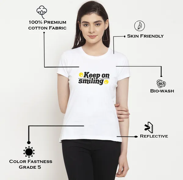 White_Cotton_Keep_On_Smiling_Print_Round_Neck_T-Shirt_For_Women