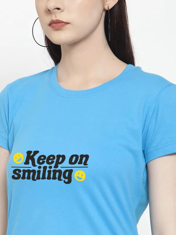 Turquoise_Blue_Cotton_Keep_On_Smiling_Print_Round_Neck_T-Shirt_For_Women