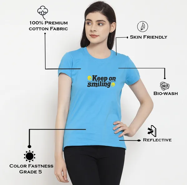 Turquoise_Blue_Cotton_Keep_On_Smiling_Print_Round_Neck_T-Shirt_For_Women