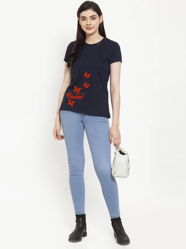 Pack_of_2_Orange_&_Navy_Blue_Cotton_Round_Neck_Raglan_Sleeves_Printed_T-Shirt_For_Women