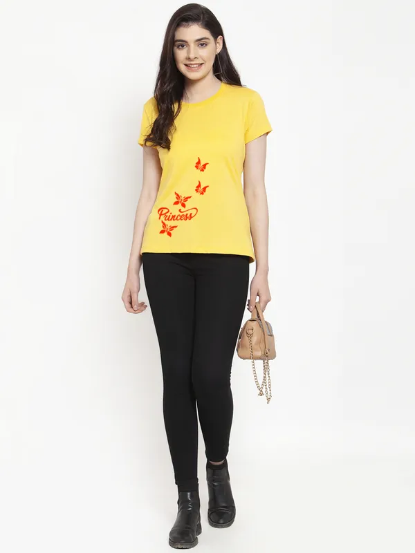 Yellow_Cotton_Princess_Print_Round_Neck_T-Shirt_For_Women