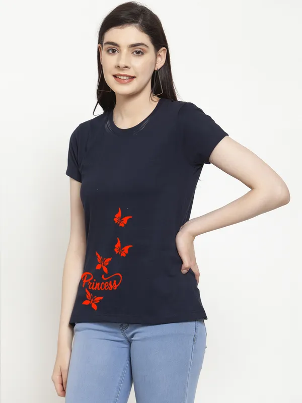 Navy_Blue_Cotton_Princess_Print_Round_Neck_T-Shirt_For_Women
