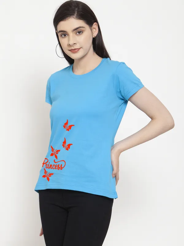 Turquoise_Blue_Cotton_Princess_Print_Round_Neck_T-Shirt_For_Women