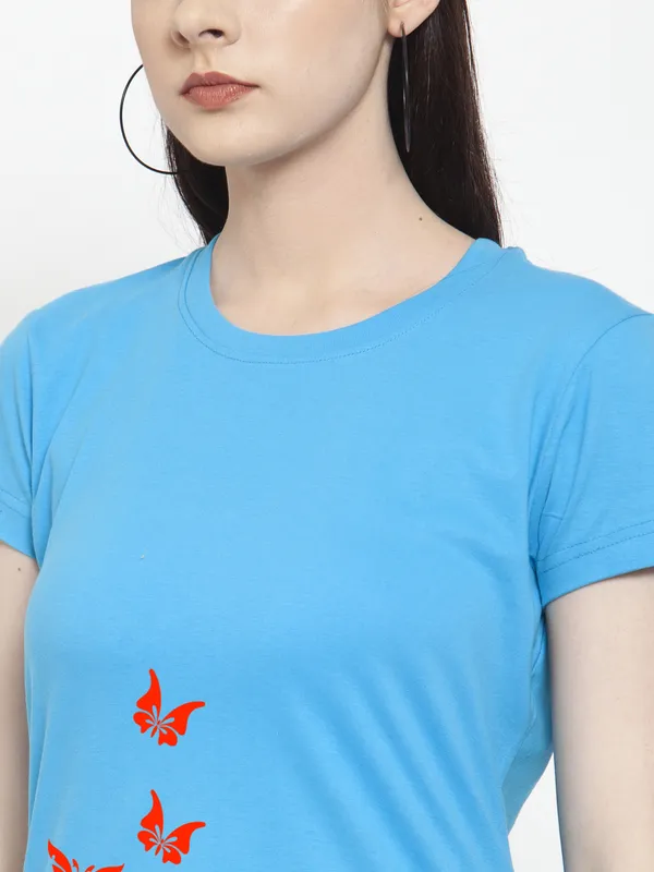 Turquoise_Blue_Cotton_Princess_Print_Round_Neck_T-Shirt_For_Women