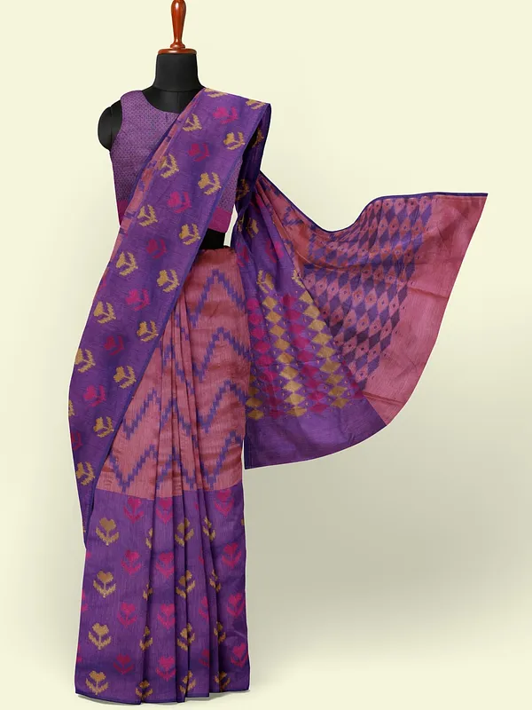 Peach_Cotton_Blend_Banarasi_Sarees_For_Women