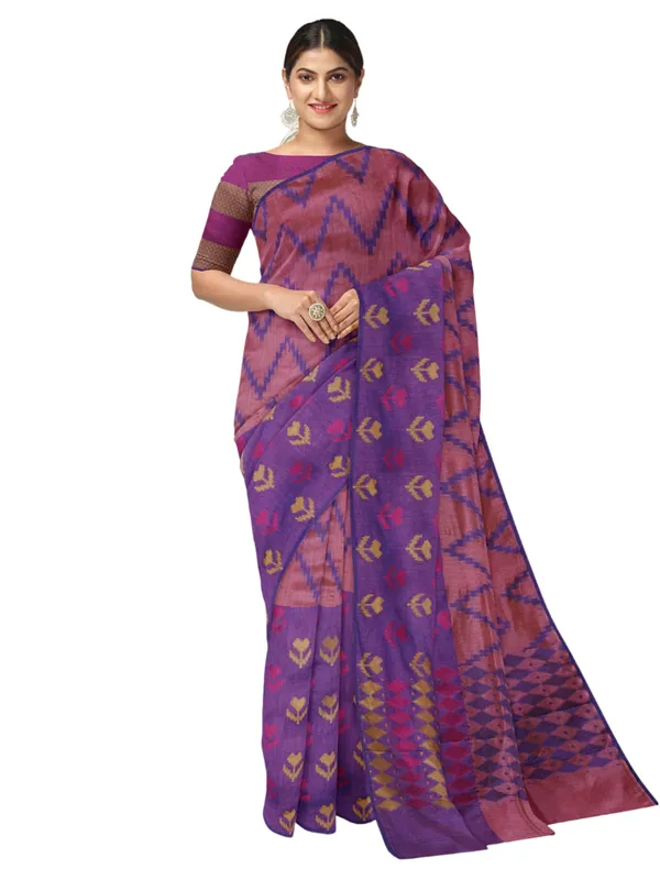 Peach_Cotton_Blend_Banarasi_Sarees_For_Women