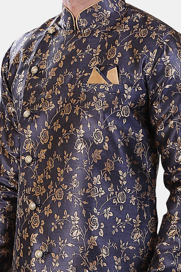 Floral_Print_Navy_Blue_Jacquard_Sherwani_With_Heram_Pant