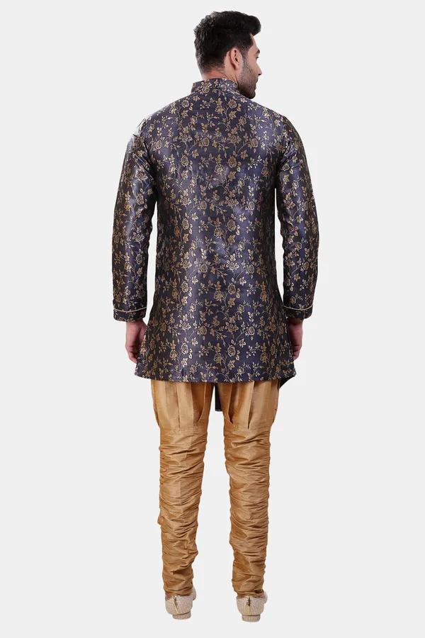 Floral_Print_Navy_Blue_Jacquard_Sherwani_With_Heram_Pant