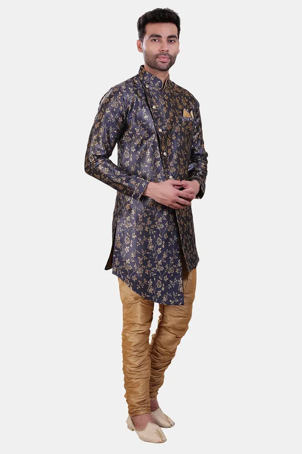 Floral_Print_Navy_Blue_Jacquard_Sherwani_With_Heram_Pant