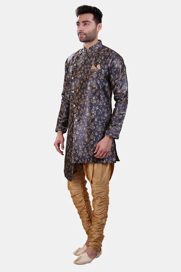 Floral_Print_Navy_Blue_Jacquard_Sherwani_With_Heram_Pant