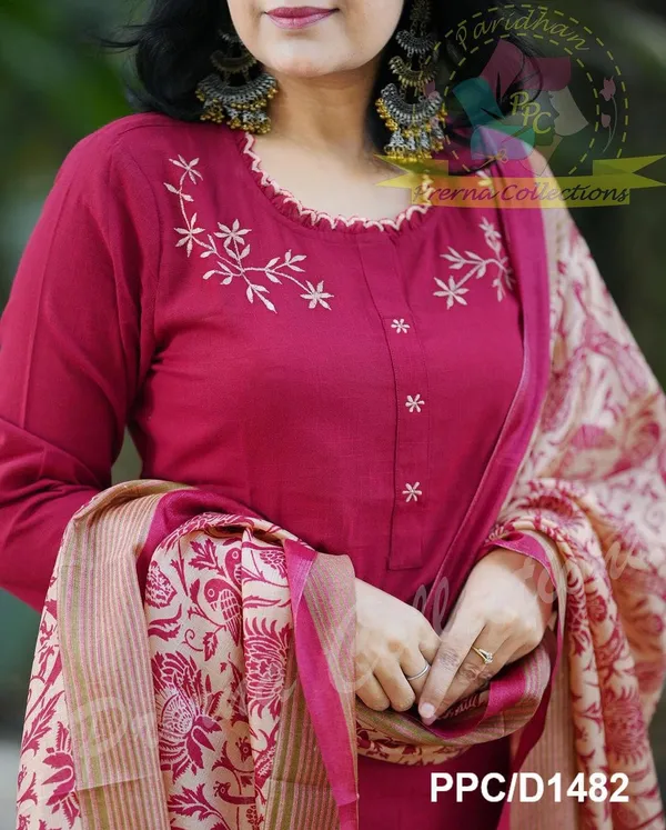 Dark_Pink_Khadi_Cotton_Embroidered_Kurta_With_Pant_&_Khadi_Silk_Dupatta_Set