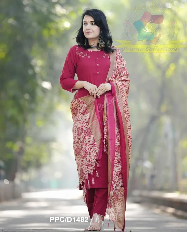 Dark_Pink_Khadi_Cotton_Embroidered_Kurta_With_Pant_&_Khadi_Silk_Dupatta_Set
