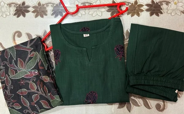 Bottle_Green_Khadi_Cotton_Kurta_With_Pant_&_Khadi_Silk_Kantha_Print_Dupatta