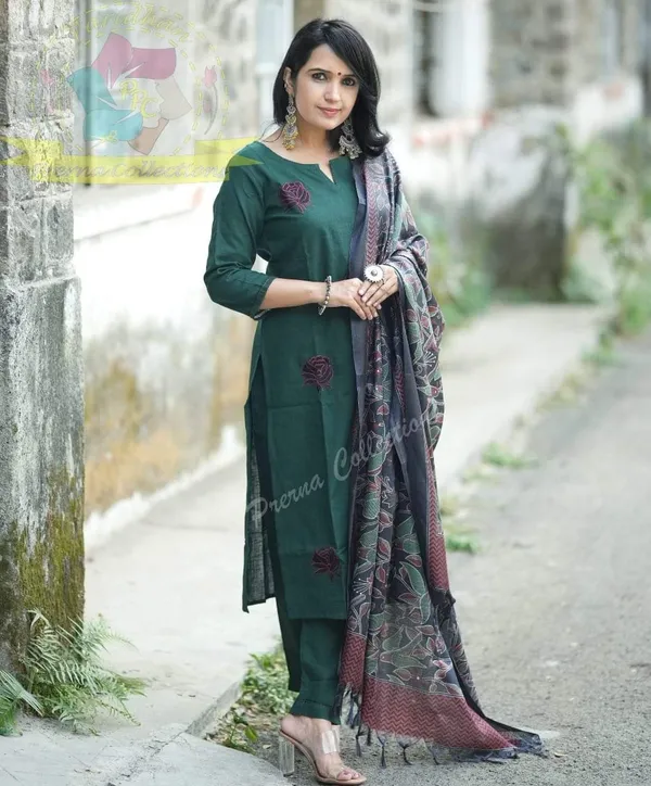 Bottle_Green_Khadi_Cotton_Kurta_With_Pant_&_Khadi_Silk_Kantha_Print_Dupatta
