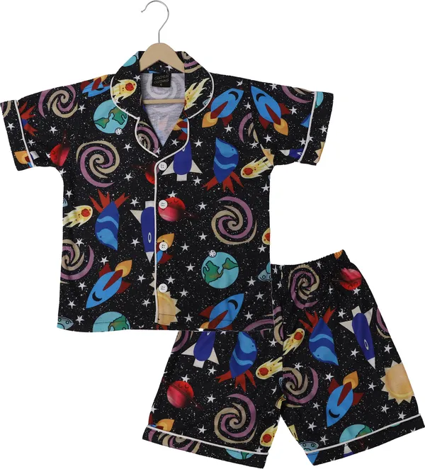 Black_Kids_Nightwear_Boys_&_Girls_Graphic_Print_Cotton_Blend-Pack_Of_1
