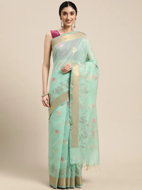 Sea_Green_Masrise_Cotton/Cotton_Banarasi_Sarees_For_Women