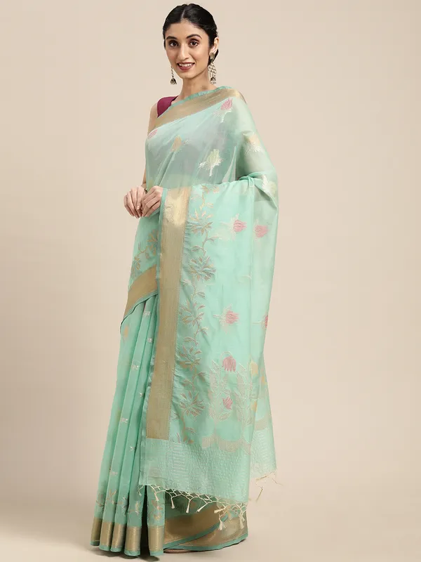 Sea_Green_Masrise_Cotton/Cotton_Banarasi_Sarees_For_Women