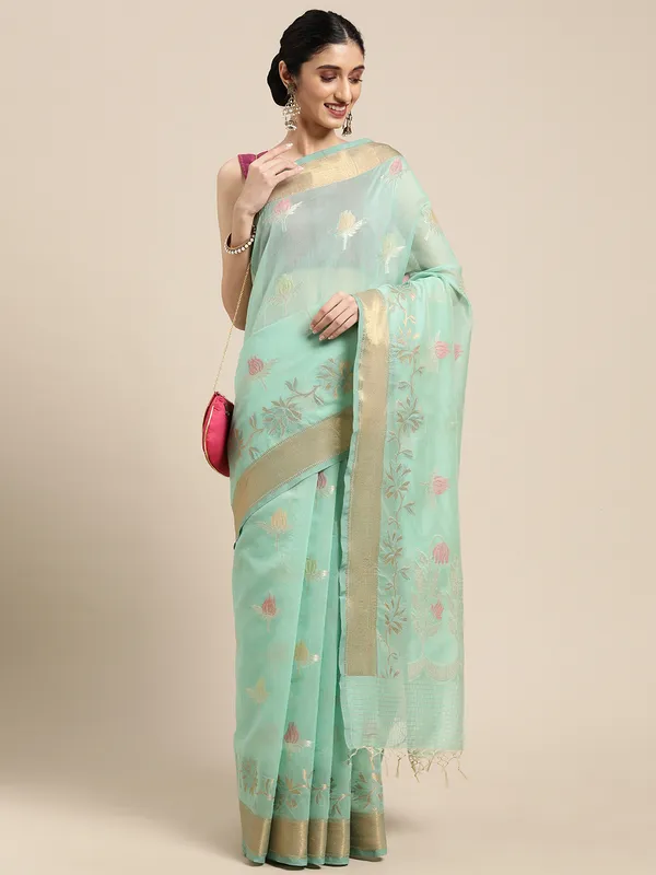 Sea_Green_Masrise_Cotton/Cotton_Banarasi_Sarees_For_Women