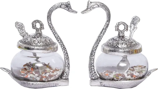 _Metal_Kissing_Swan_(Duck)_Glass_Bowl_with_Spoon_for_Saunf_Supari_Tray,_Dry_Fruit_and_Candy,Mukhwas_Traditional_Serving_Bowl_Set,Pack_of_2
