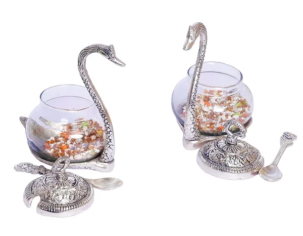 _Metal_Kissing_Swan_(Duck)_Glass_Bowl_with_Spoon_for_Saunf_Supari_Tray,_Dry_Fruit_and_Candy,Mukhwas_Traditional_Serving_Bowl_Set,Pack_of_2